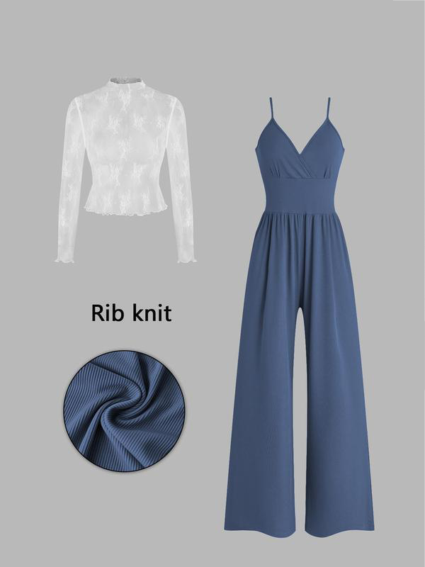 🌞Frühlingserwachen: 50% Rabatt!✨Glamouröser Zweiteiler im Lagen-Look: Weiter V-Ausschnitt Overall & transparentes Spitzen-Shirt