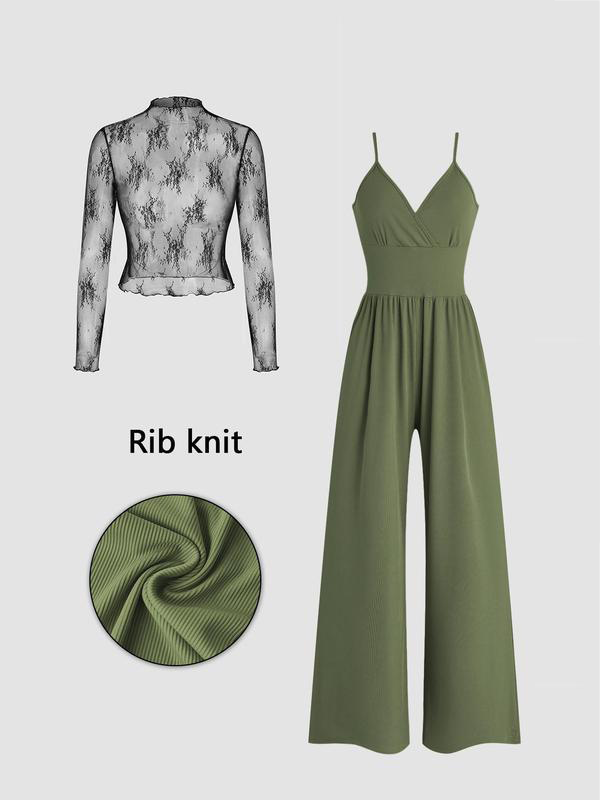 🌞Frühlingserwachen: 50% Rabatt!✨Glamouröser Zweiteiler im Lagen-Look: Weiter V-Ausschnitt Overall & transparentes Spitzen-Shirt