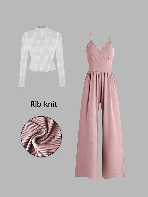 🌞Frühlingserwachen: 50% Rabatt!✨Glamouröser Zweiteiler im Lagen-Look: Weiter V-Ausschnitt Overall & transparentes Spitzen-Shirt