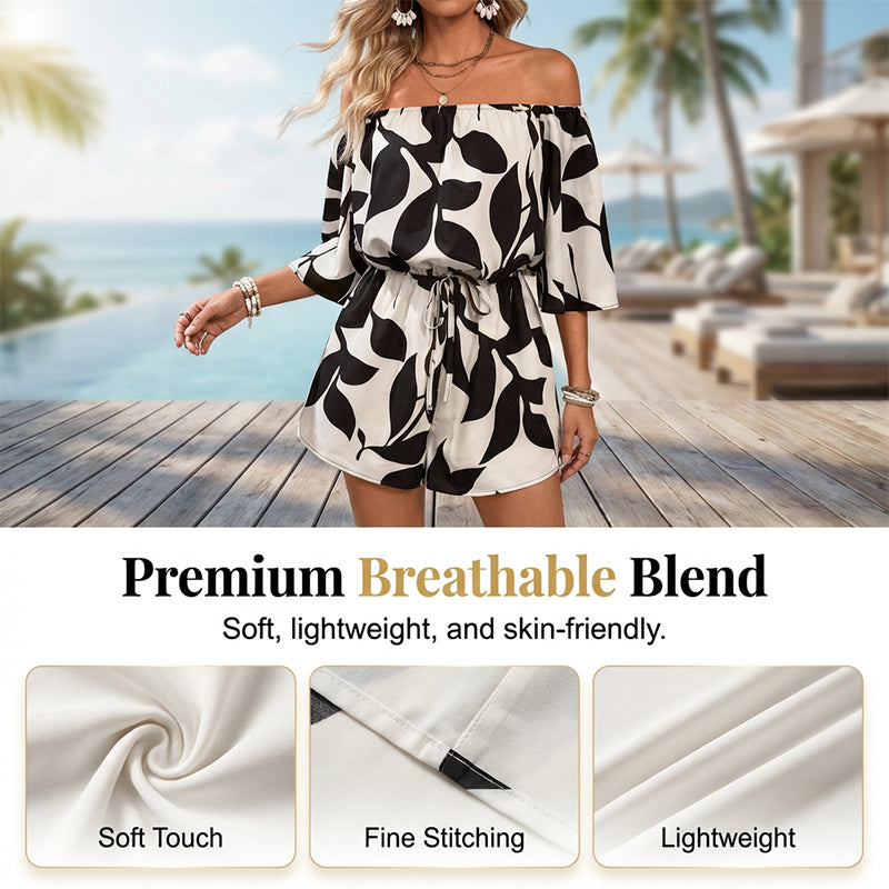 🌞Frühlingserwachen: 50% Rabatt!🍸Damen Sommer-Romper "Abstract Leaf" – Luftig, Elegant & Schulterfrei