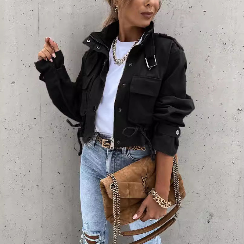 🌞Frühlingserwachen: 50% Rabatt!🎉Urban Utility Kurzjacke "Military Chic" – Mit Stehkragen & verstellbarem Kordelzug