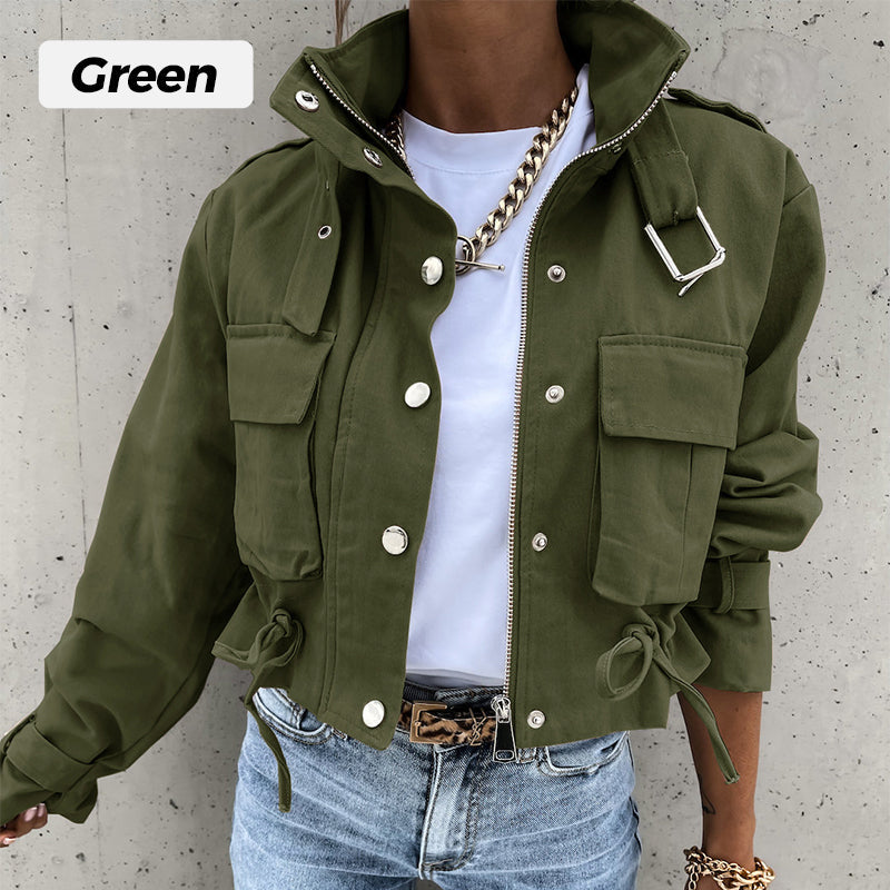 🌞Frühlingserwachen: 50% Rabatt!🎉Urban Utility Kurzjacke "Military Chic" – Mit Stehkragen & verstellbarem Kordelzug