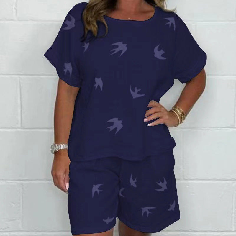 Lässiges bedrucktes kurzärmeliges Shorts-Set aus Baumwolle-Leinen