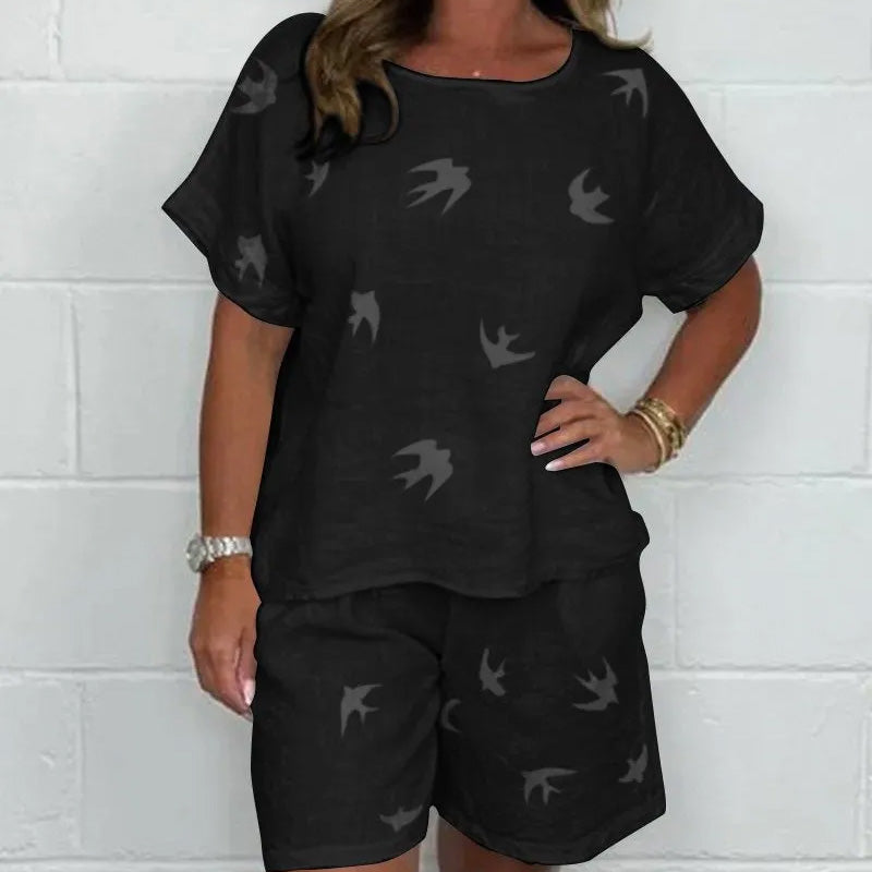 Lässiges bedrucktes kurzärmeliges Shorts-Set aus Baumwolle-Leinen