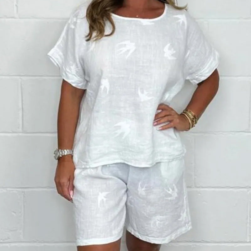 Lässiges bedrucktes kurzärmeliges Shorts-Set aus Baumwolle-Leinen
