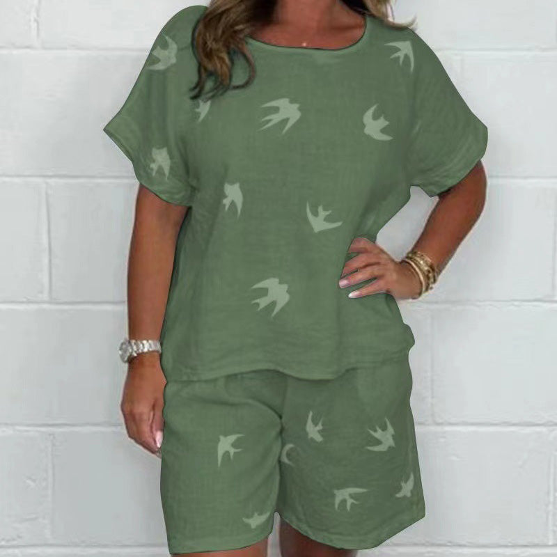 Lässiges bedrucktes kurzärmeliges Shorts-Set aus Baumwolle-Leinen