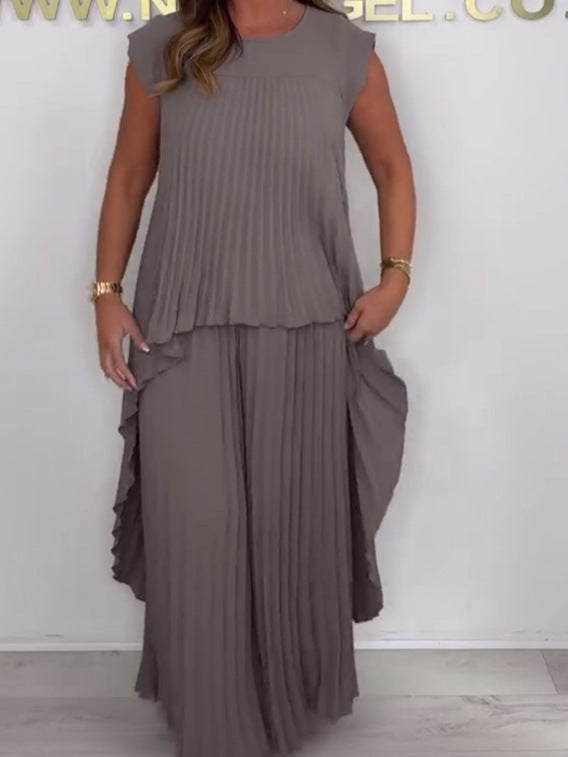 ✨60% Rabatt🌸Laney Set aus plissiertem, kurzärmligem, unregelmäßigem Midi-Top und Hose mit weitem Bein und elastischer Taille