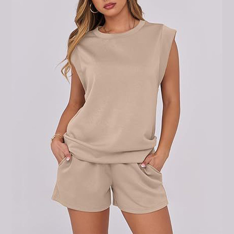 💕2025 Heißer Verkauf – 49% Rabatt🔥 2025 Neu: 2-teiliges Set für Damen mit Kurzarm-Rundhals-Oberteil und Kordelzugshorts