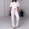 Einfarbiges Damenoberteil mit kurzen Ärmeln ＆ Hose Zweiteiliges Set