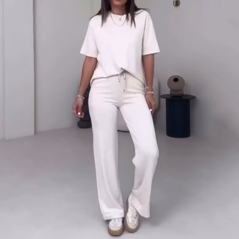 Einfarbiges Damenoberteil mit kurzen Ärmeln ＆ Hose Zweiteiliges Set