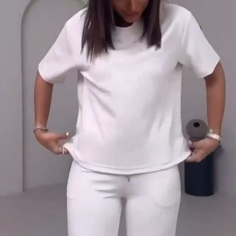 Einfarbiges Damenoberteil mit kurzen Ärmeln ＆ Hose Zweiteiliges Set