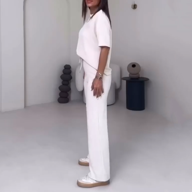 Einfarbiges Damenoberteil mit kurzen Ärmeln ＆ Hose Zweiteiliges Set