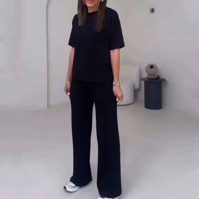 Einfarbiges Damenoberteil mit kurzen Ärmeln ＆ Hose Zweiteiliges Set