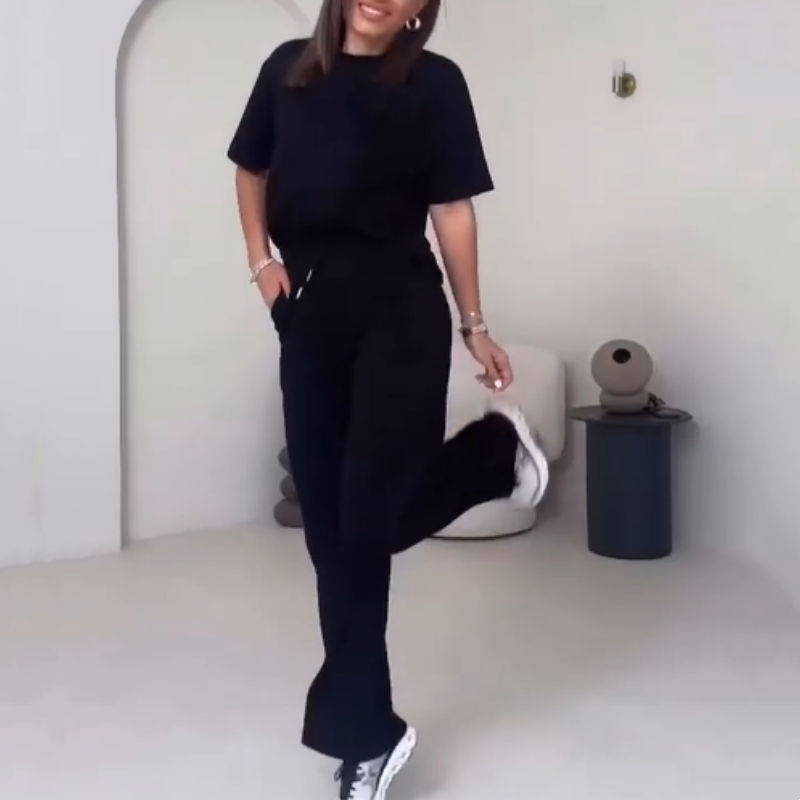 Einfarbiges Damenoberteil mit kurzen Ärmeln ＆ Hose Zweiteiliges Set