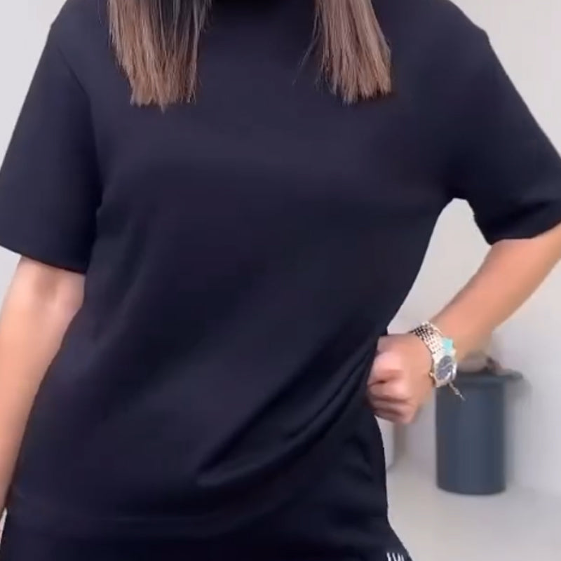 Einfarbiges Damenoberteil mit kurzen Ärmeln ＆ Hose Zweiteiliges Set