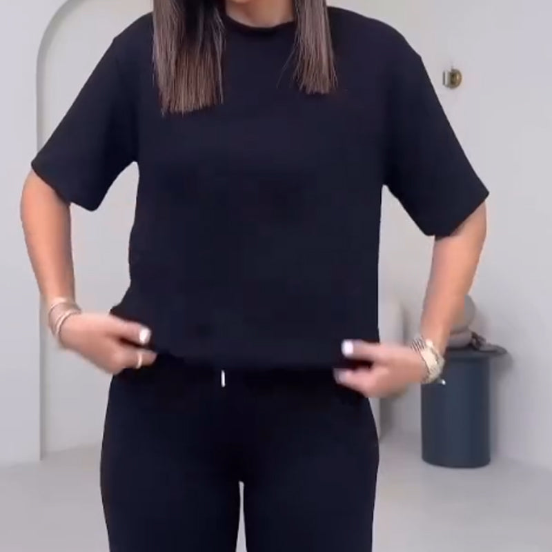 Einfarbiges Damenoberteil mit kurzen Ärmeln ＆ Hose Zweiteiliges Set