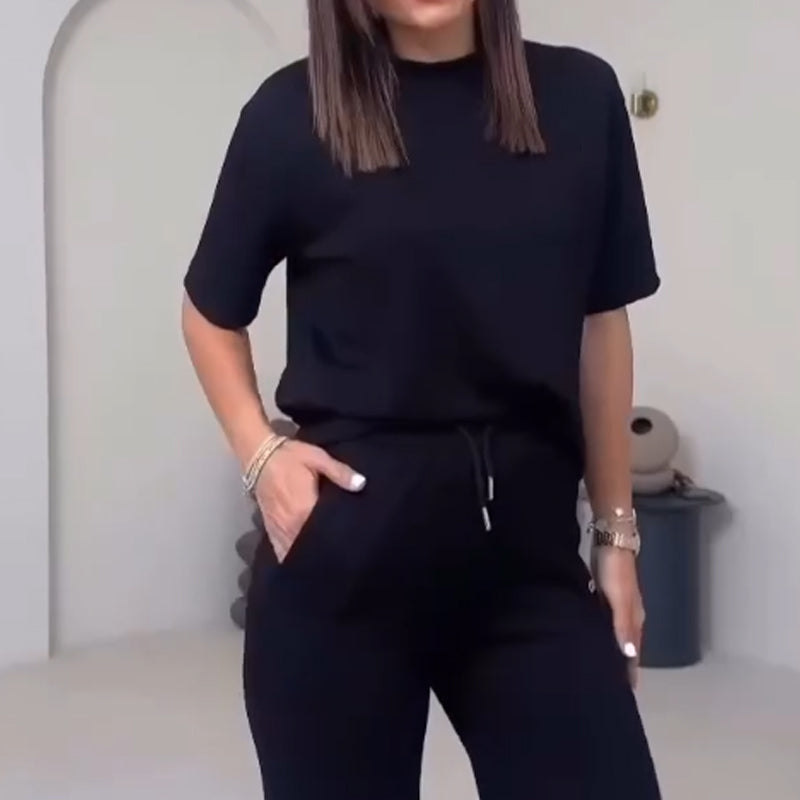 Einfarbiges Damenoberteil mit kurzen Ärmeln ＆ Hose Zweiteiliges Set
