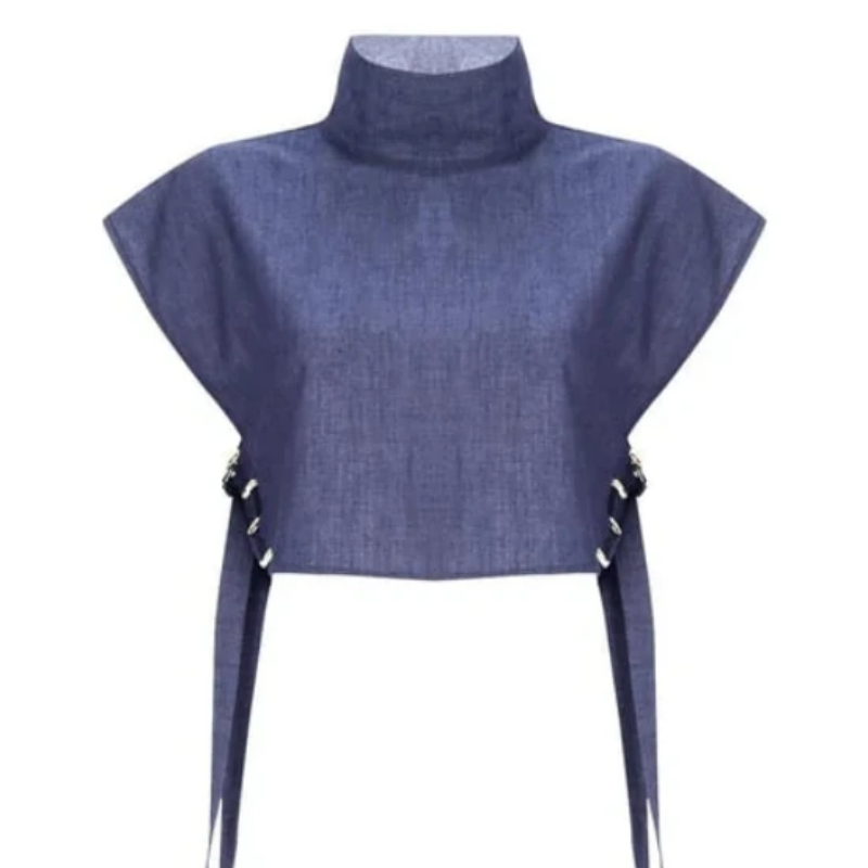 Trendy Fashion Outfits für Damen mit kurzem Oberteil mit hohem Halsausschnitt und 3/4-langer Hose mit hoher Taille