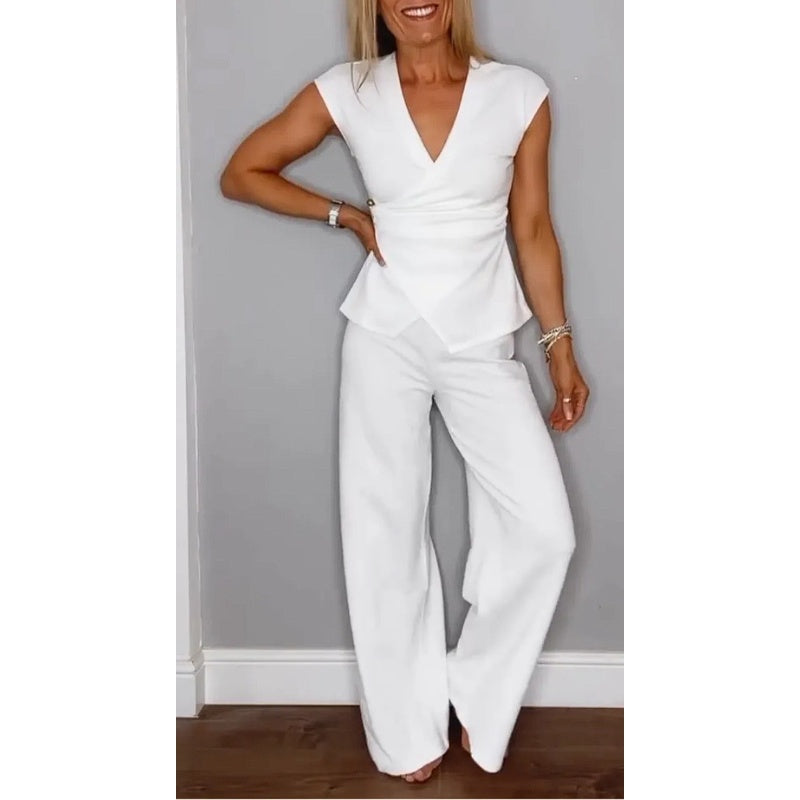 Damen elegantes Set: Oberteil mit V-Ausschnitt und Hose