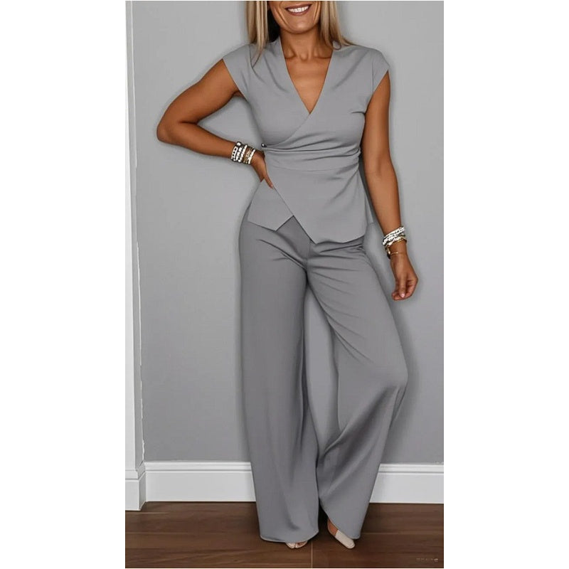 Damen elegantes Set: Oberteil mit V-Ausschnitt und Hose