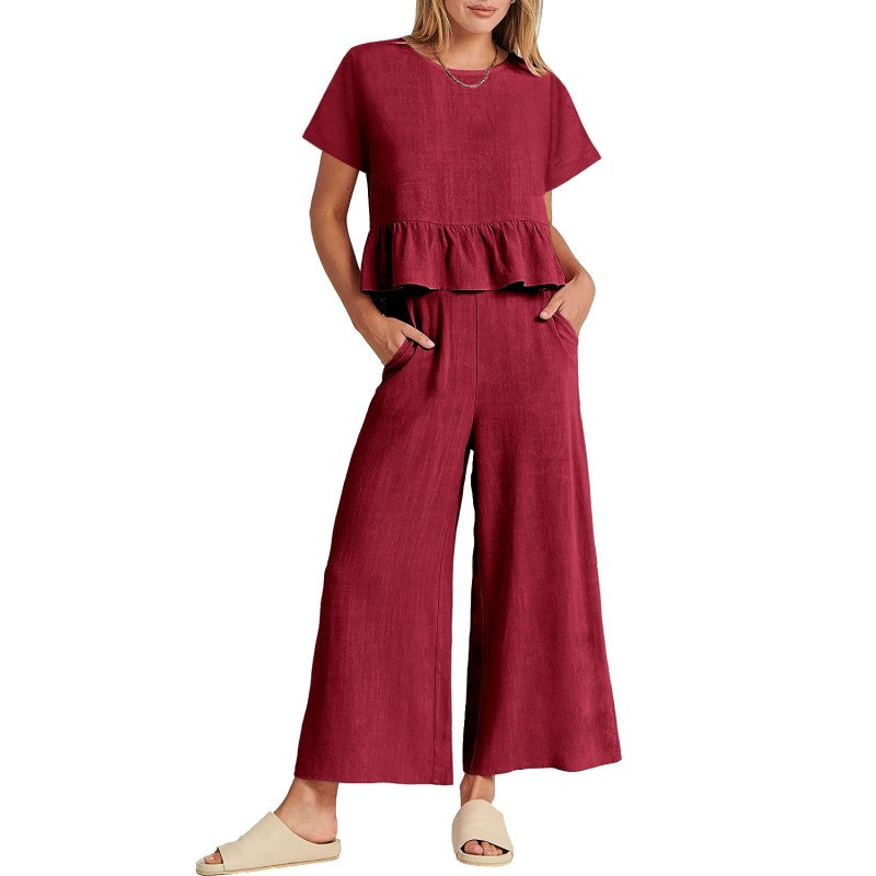 Lässiges Damen-Top mit kurzen Ärmeln und Hose mit weitem Bein, 2-teiliges Set
