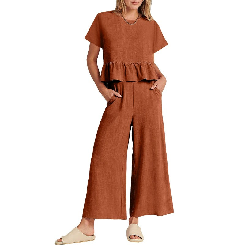 Lässiges Damen-Top mit kurzen Ärmeln und Hose mit weitem Bein, 2-teiliges Set