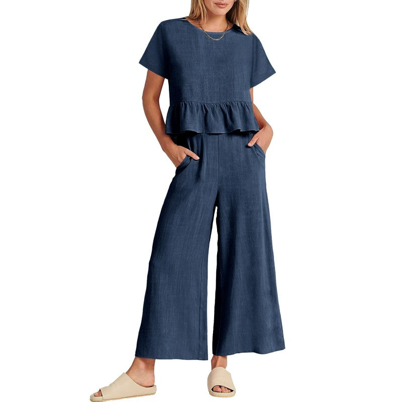 Lässiges Damen-Top mit kurzen Ärmeln und Hose mit weitem Bein, 2-teiliges Set