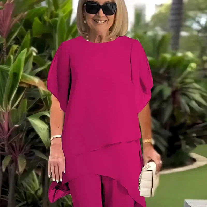 🌞Frühlingserwachen: 50% Rabatt!👗 Damen-Chiffon-Zweiteiler – Asymmetrisches Doppellagiges Top & Weite Hose – Atmungsaktiv & Elegant für Frühling & Urlaub