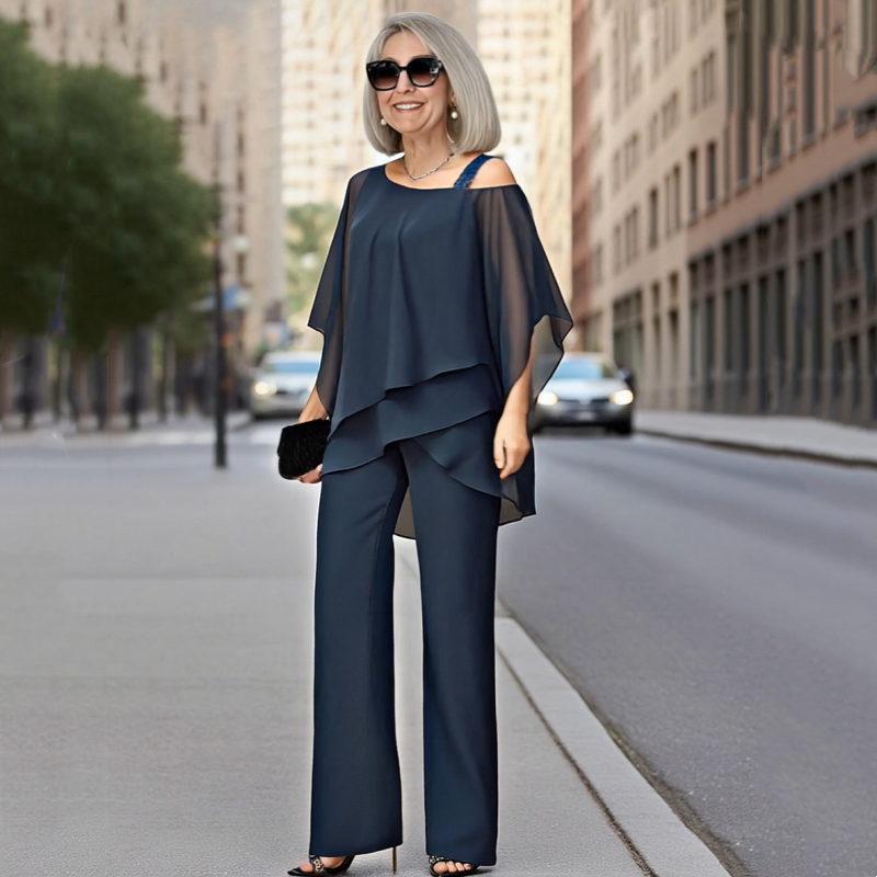 🌞Frühlingserwachen: 50% Rabatt!✨Damen Asymmetrisches Chiffon-Zweiteiler – Fledermausärmel & Weite Hose, Elegant & Atmungsaktiv für jeden Anlass