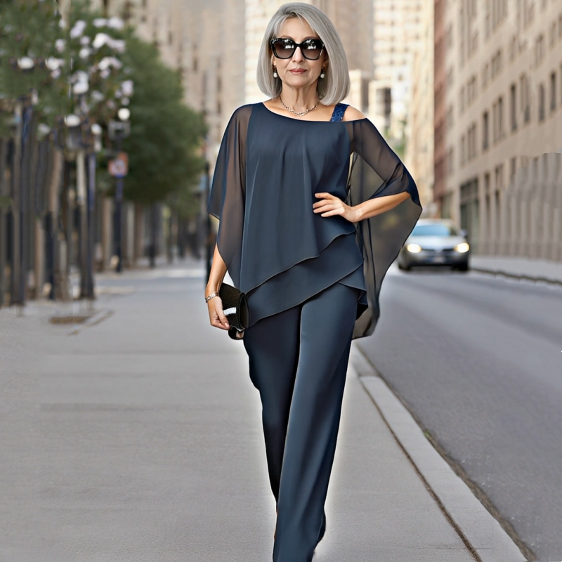 🌞Frühlingserwachen: 50% Rabatt!✨Damen Asymmetrisches Chiffon-Zweiteiler – Fledermausärmel & Weite Hose, Elegant & Atmungsaktiv für jeden Anlass