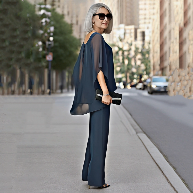 🌞Frühlingserwachen: 50% Rabatt!✨Damen Asymmetrisches Chiffon-Zweiteiler – Fledermausärmel & Weite Hose, Elegant & Atmungsaktiv für jeden Anlass