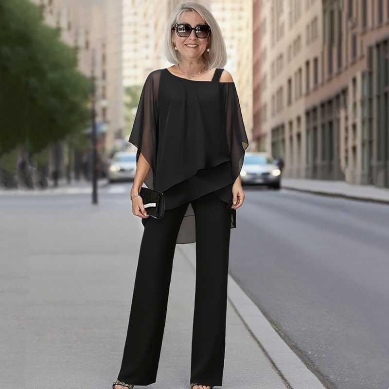 🌞Frühlingserwachen: 50% Rabatt!✨Damen Asymmetrisches Chiffon-Zweiteiler – Fledermausärmel & Weite Hose, Elegant & Atmungsaktiv für jeden Anlass