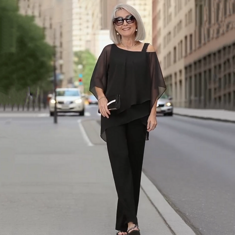 🌞Frühlingserwachen: 50% Rabatt!✨Damen Asymmetrisches Chiffon-Zweiteiler – Fledermausärmel & Weite Hose, Elegant & Atmungsaktiv für jeden Anlass