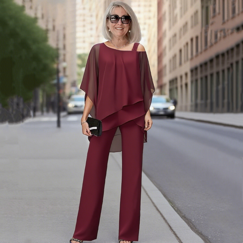 🌞Frühlingserwachen: 50% Rabatt!✨Damen Asymmetrisches Chiffon-Zweiteiler – Fledermausärmel & Weite Hose, Elegant & Atmungsaktiv für jeden Anlass