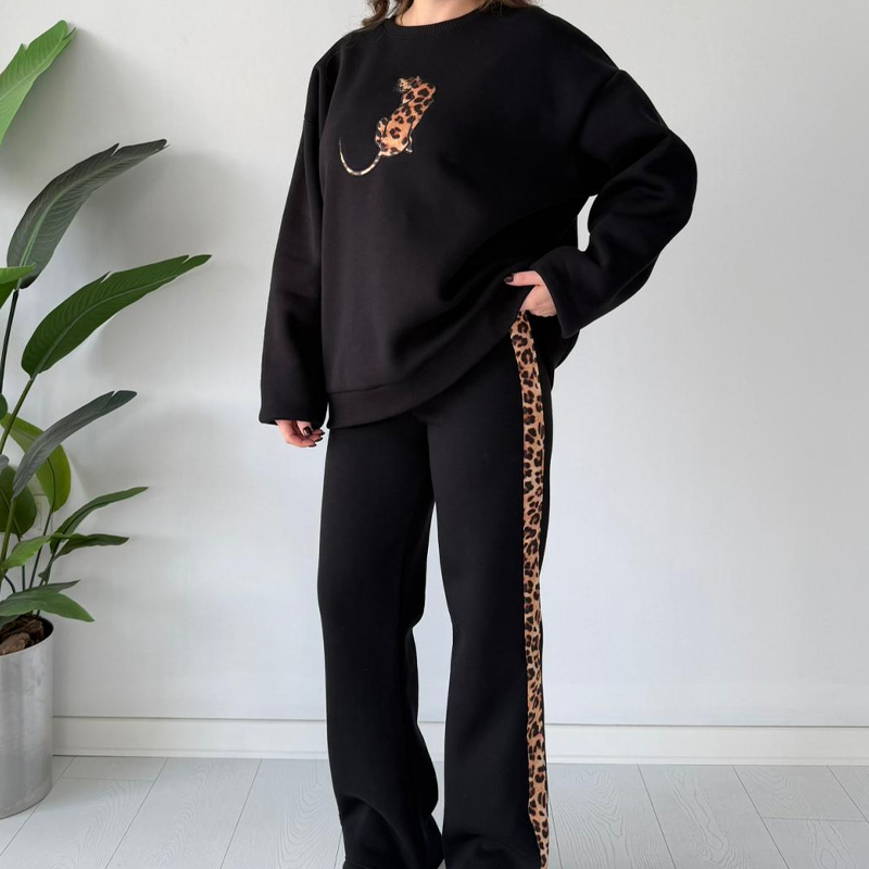 🎉 Neujahrsgeschenk – 50% RABATT!🔥 Damen 2-teiliges Casual-Set (mit Leopardenprint-Akzent) – Oversized & Bequem: Nie wieder Outfit-Stress!