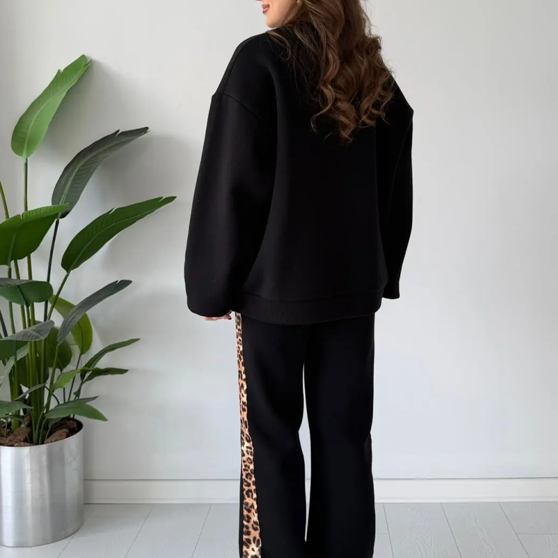 🎉 Neujahrsgeschenk – 50% RABATT!🔥 Damen 2-teiliges Casual-Set (mit Leopardenprint-Akzent) – Oversized & Bequem: Nie wieder Outfit-Stress!