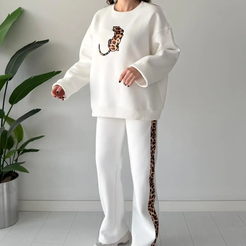 🎉 Neujahrsgeschenk – 50% RABATT!🔥 Damen 2-teiliges Casual-Set (mit Leopardenprint-Akzent) – Oversized & Bequem: Nie wieder Outfit-Stress!