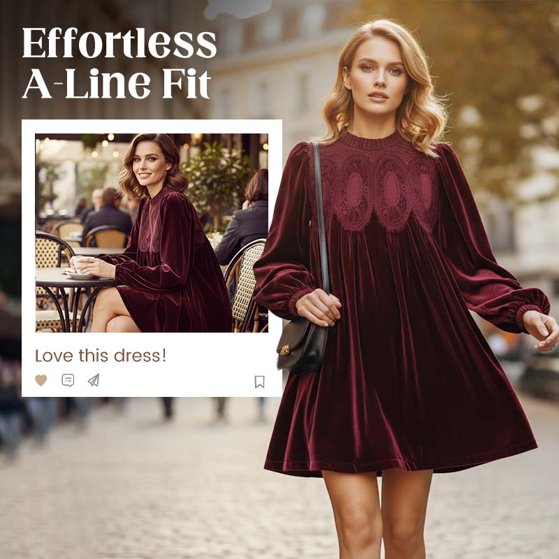 🎉 Neujahrsgeschenk – 50% RABATT!🌸 Vintage-Tunikakleid mit Spitzeneinsatz: A-Linie + Bischofsärmel – bequem elegant für Tag & Abend