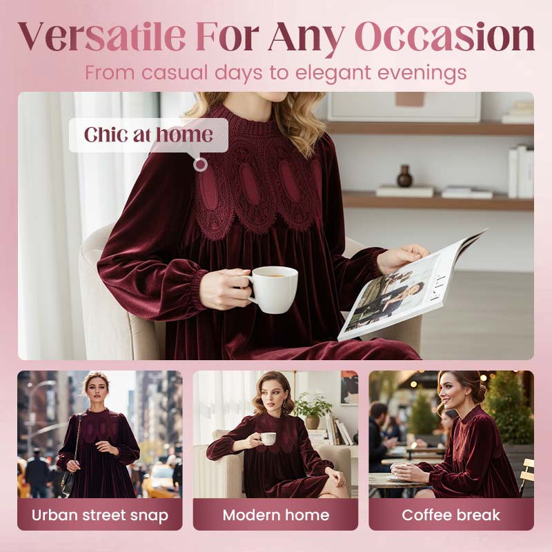 🎉 Neujahrsgeschenk – 50% RABATT!🌸 Vintage-Tunikakleid mit Spitzeneinsatz: A-Linie + Bischofsärmel – bequem elegant für Tag & Abend