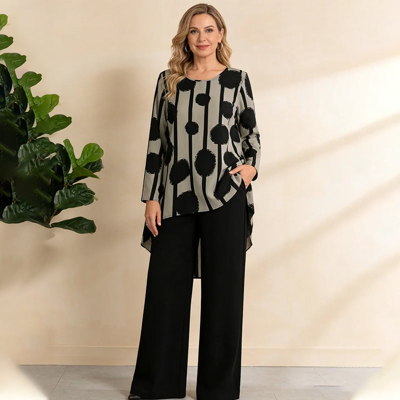 🎉 Neujahrsgeschenk – 50% RABATT!🎨 Damen-2-Teiliges Set: Asymmetrisches Oberteil + Hose – Vintage-Print & ganztägiger Komfort