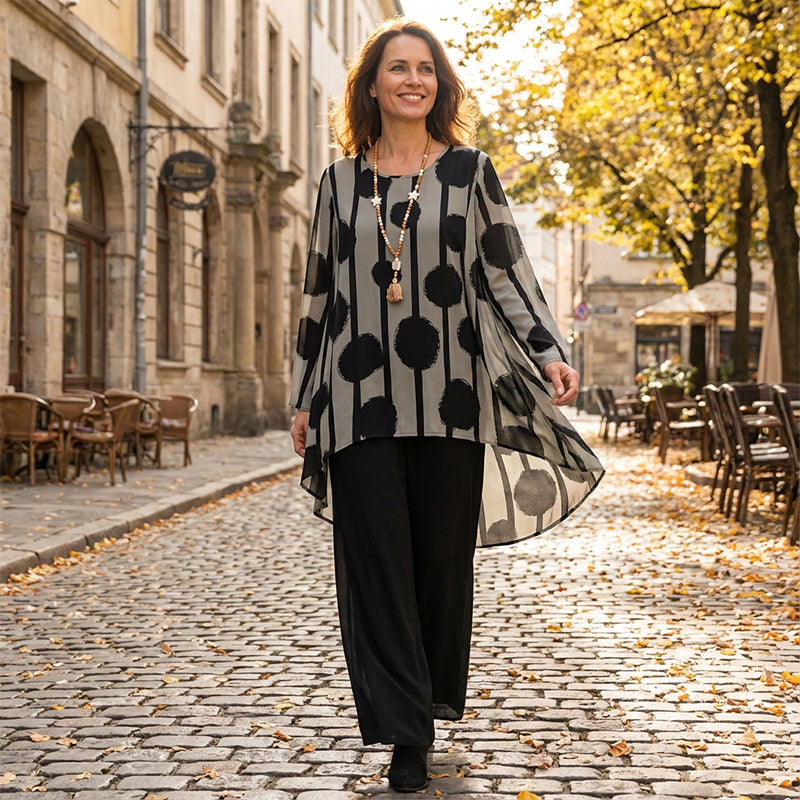 🎉 Neujahrsgeschenk – 50% RABATT!🎨 Damen-2-Teiliges Set: Asymmetrisches Oberteil + Hose – Vintage-Print & ganztägiger Komfort