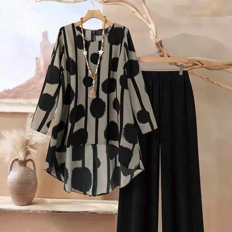 🎉 Neujahrsgeschenk – 50% RABATT!🎨 Damen-2-Teiliges Set: Asymmetrisches Oberteil + Hose – Vintage-Print & ganztägiger Komfort