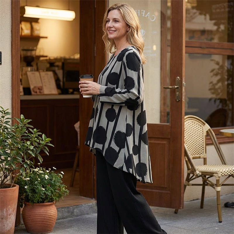 🎉 Neujahrsgeschenk – 50% RABATT!🎨 Damen-2-Teiliges Set: Asymmetrisches Oberteil + Hose – Vintage-Print & ganztägiger Komfort