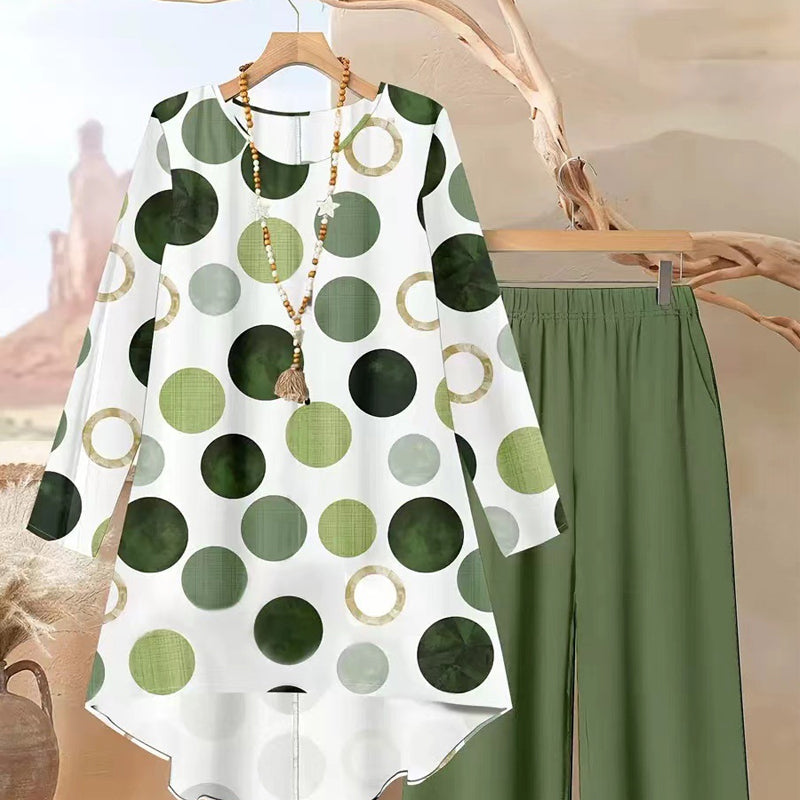 🎉 Neujahrsgeschenk – 50% RABATT!🎨 Damen-2-Teiliges Set: Asymmetrisches Oberteil + Hose – Vintage-Print & ganztägiger Komfort