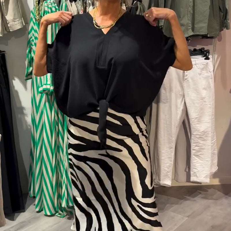 Damen lässiges Set aus Bluse mit Knoten vorne und Midirock