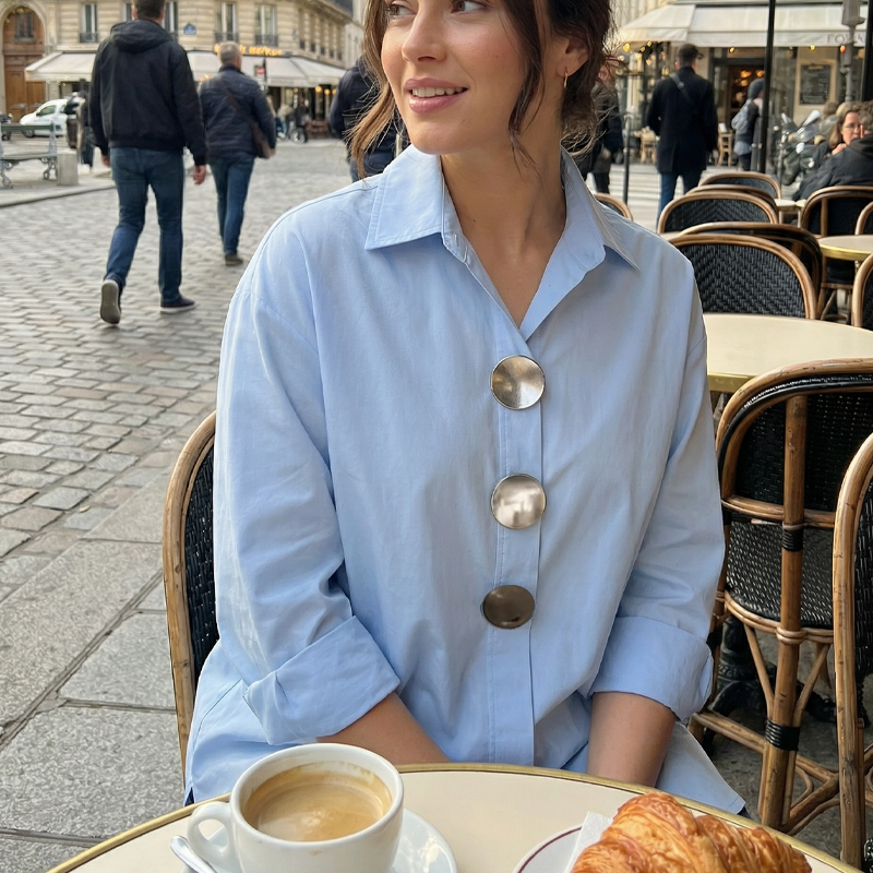 🌞Frühlingserwachen: 50% Rabatt!👚 Damen Oversized Bluse mit großen Metallknöpfen: Stehkragen – Statement-Piece für Büro & Freizeit