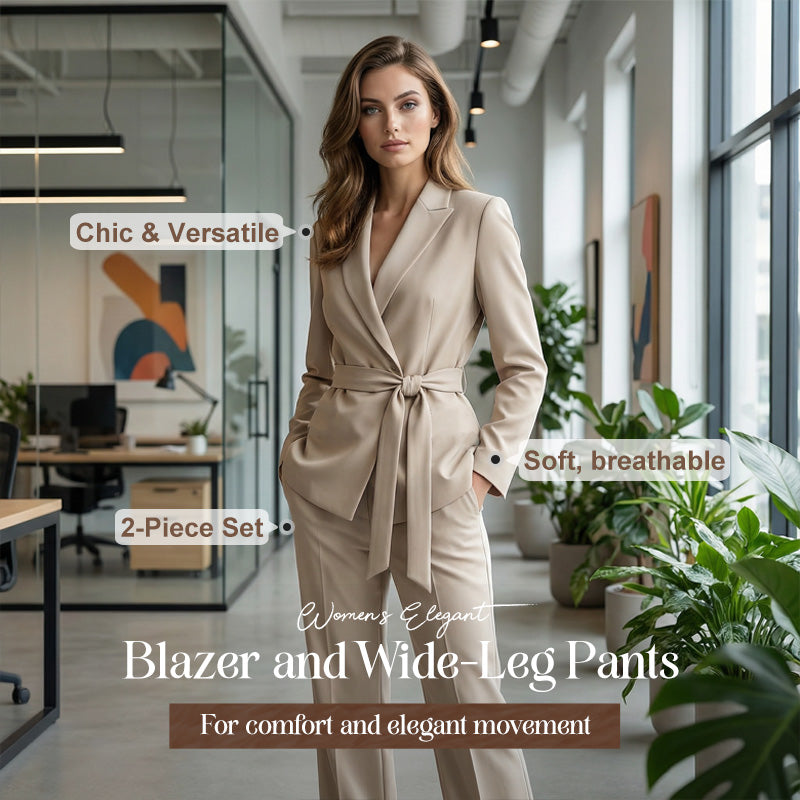 🌞Frühlingserwachen: 50% Rabatt!👔 Damen Eleganter Hosenanzug: Blazer mit Bindegürtel + Weitbeinhose – Bequem, stylisch & vielseitig für Büro & Events