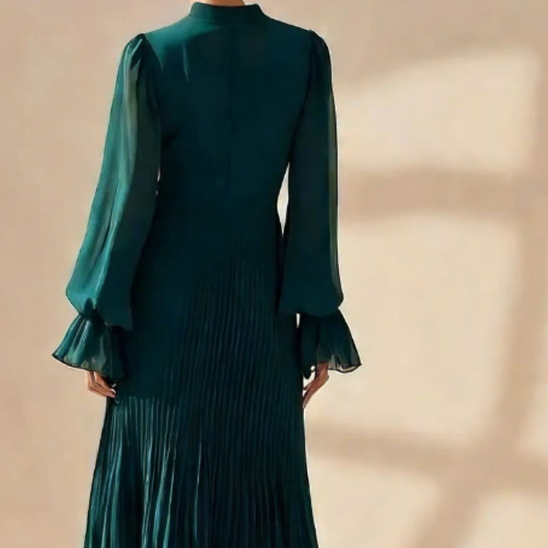 🌞Frühlingserwachen: 50% Rabatt!✨ Damen Plissee-Midikleid mit Volants & Schlüsselloch-Ausschnitt: Transparente Ärmel + taillierte Passform – Elegant für Gala & Abendveranstaltungen