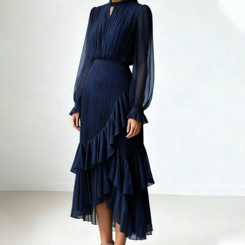 🌞Frühlingserwachen: 50% Rabatt!✨ Damen Plissee-Midikleid mit Volants & Schlüsselloch-Ausschnitt: Transparente Ärmel + taillierte Passform – Elegant für Gala & Abendveranstaltungen