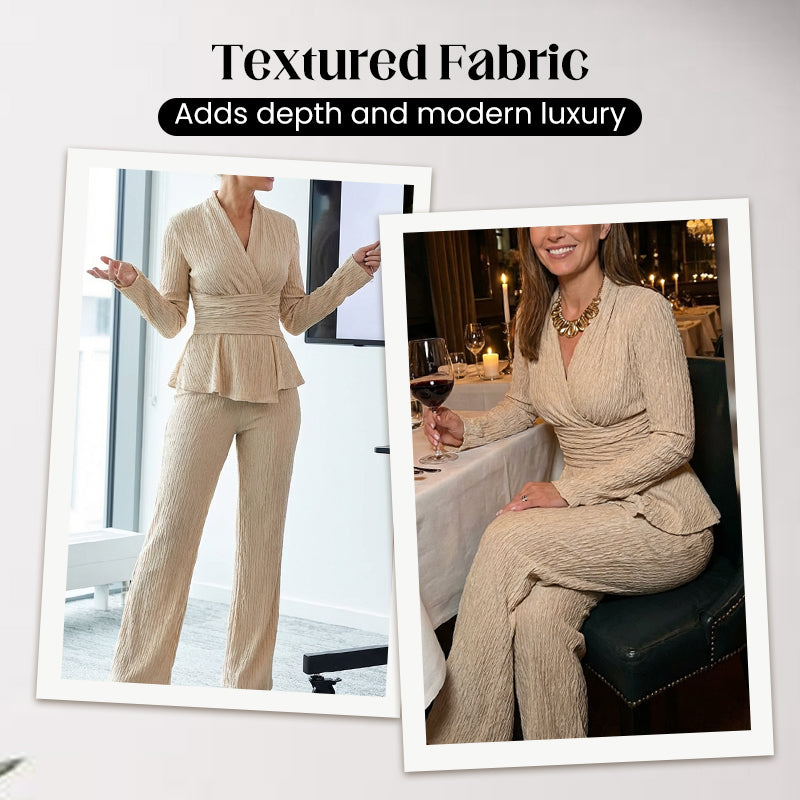 🌞Frühlingserwachen: 50% Rabatt!✨Damen 2-teiliges Peplum-Set – Crossover-V-Ausschnitt & Wickelgürtel, Strukturierter Stoff für Sanduhr-Silhouette